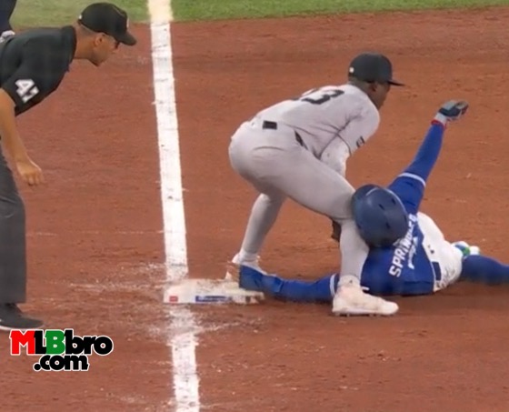 George Springer Exits 5-4 Toronto Blue Jays Win Over NY Yankees With Injury In 6th Inning After Taking A Jazz Chisholm Knee to The Throat While Sliding Into Third Base